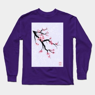Pretty sumi-e cherry blossoms on a purple background Long Sleeve T-Shirt